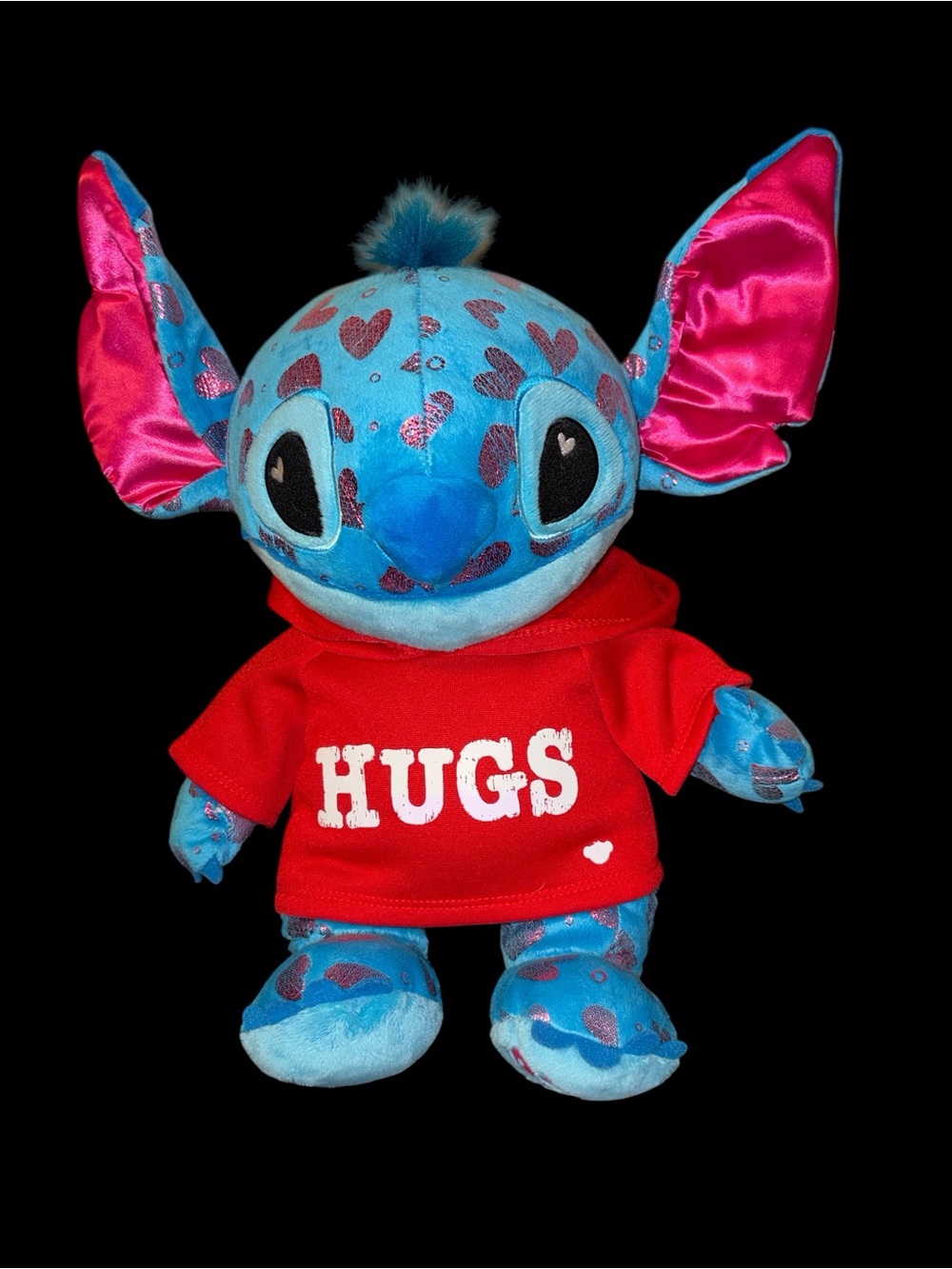 Disney Blue Stitch Plush with Red 'HUGS' Hoodie and Pink Ear Linings